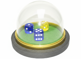 Two dice on a green surface under a transparent dome with a gold rim on a white background.