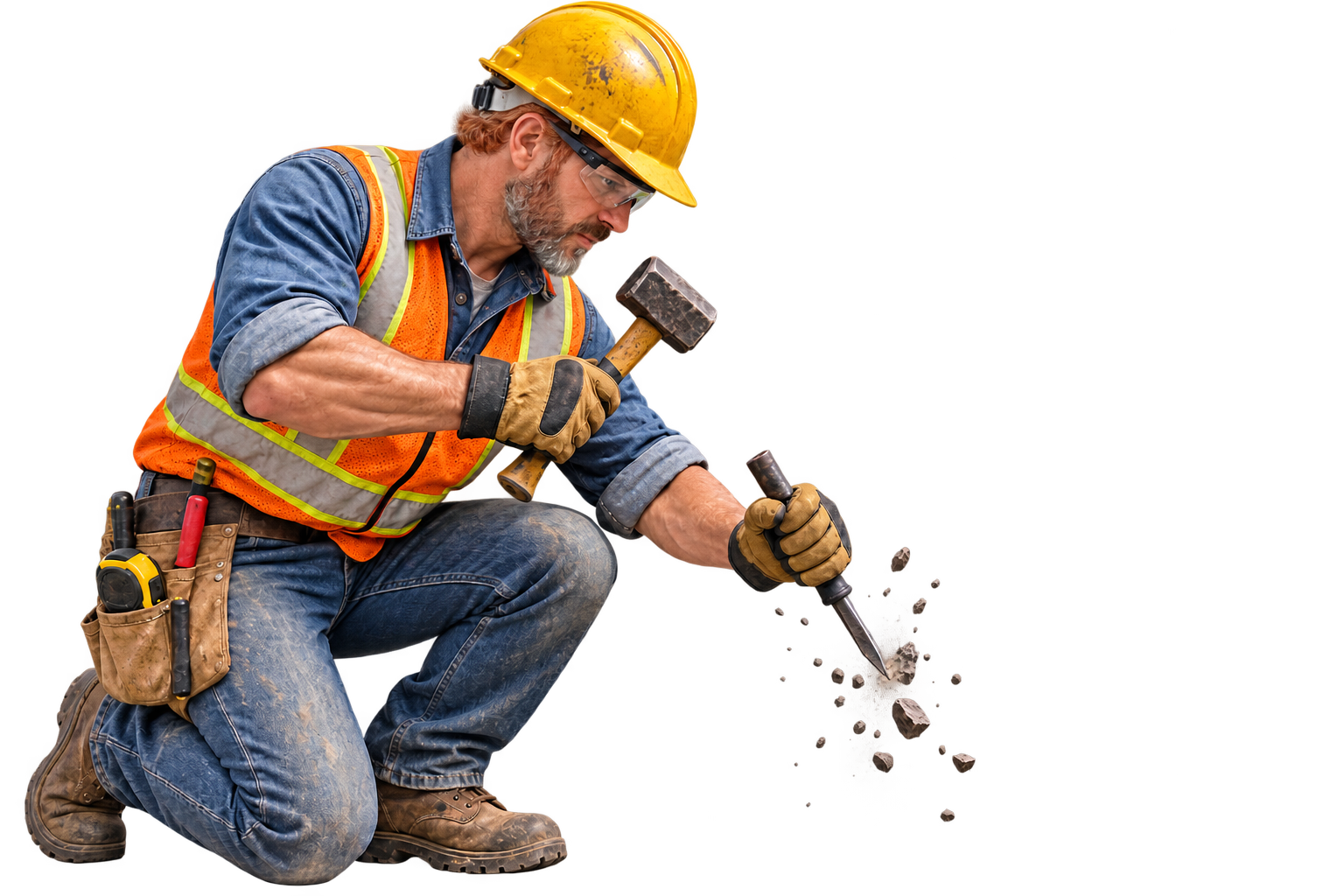 Construction worker chiseling the video frame